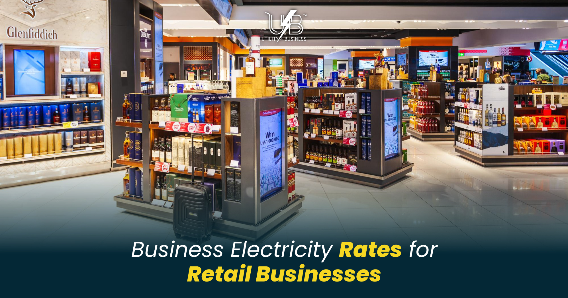 Business electricity rates for retail businesses, shop interior with energy-efficient lighting and Utility4Business cost-saving solutions.